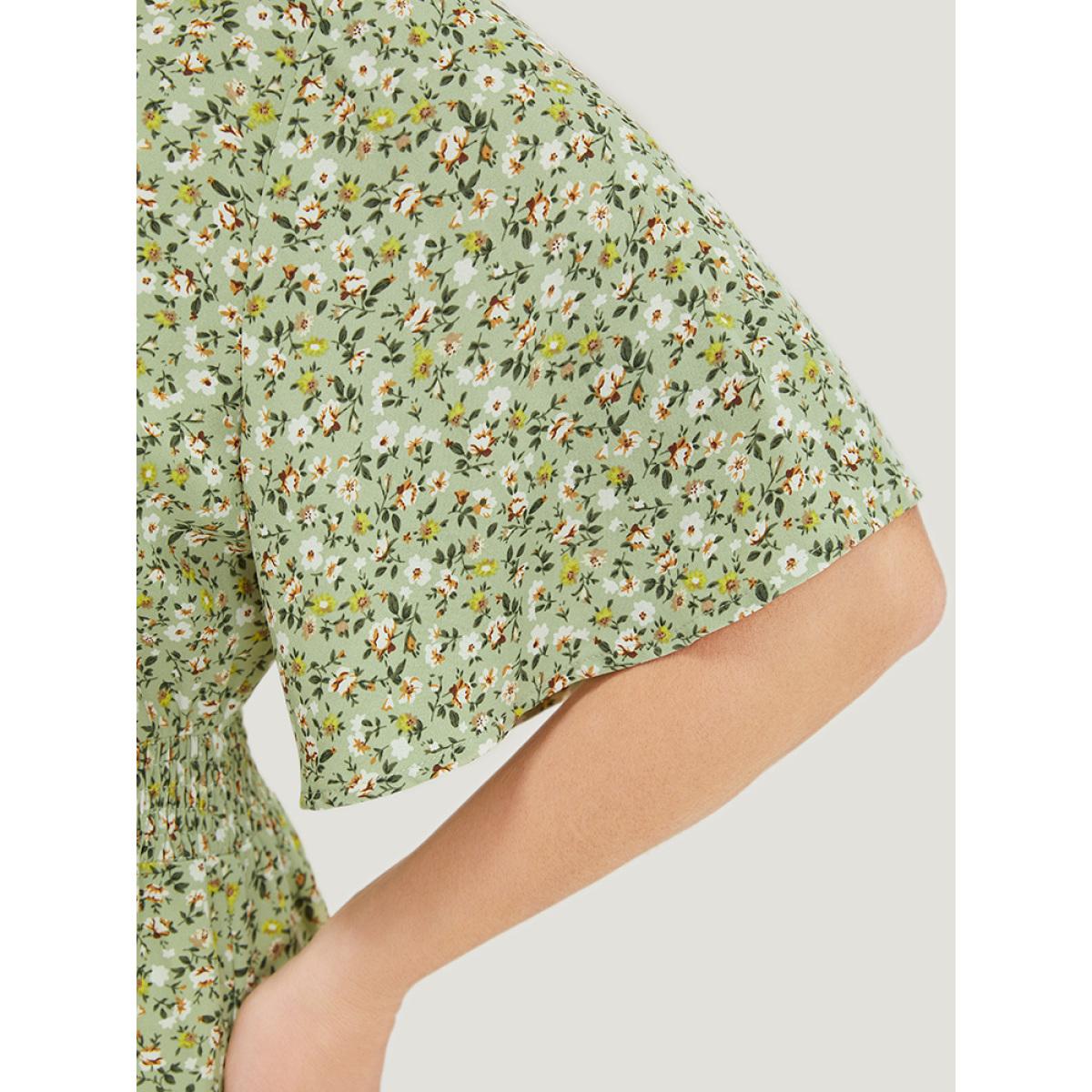 Plus Size Sage Ditsy Floral Knotted Crew Neck Shirred Ruffle Sleeve Blouse Women Elegant Short sleeve Round Neck Dailywear Blouses BloomChic 26/4X Product Image