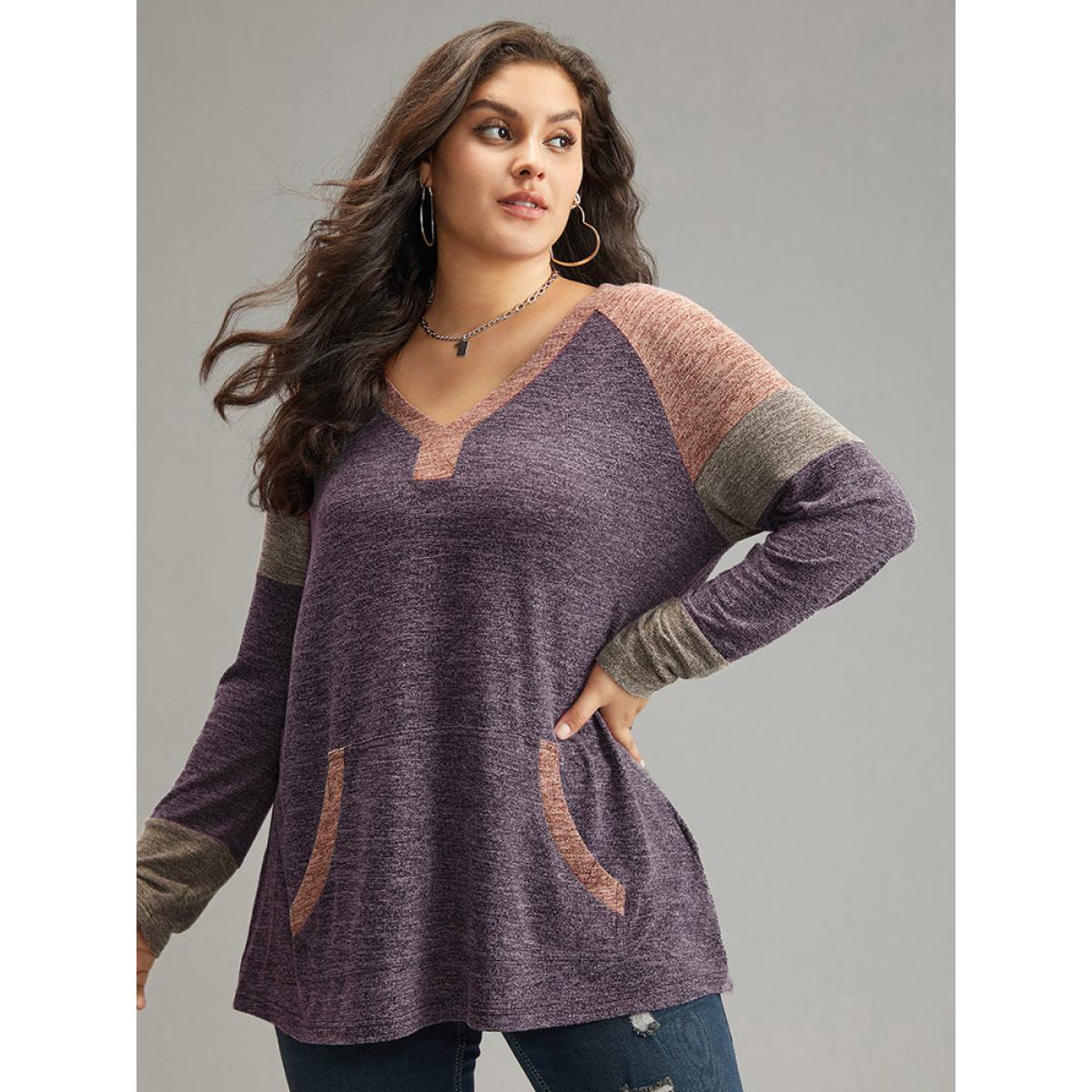 Plus Size Contrast Pocket Raglan Sleeve T-shirt Purple Women Casual Contrast Plain Dailywear T-shirts BloomChic 26/4X Product Image