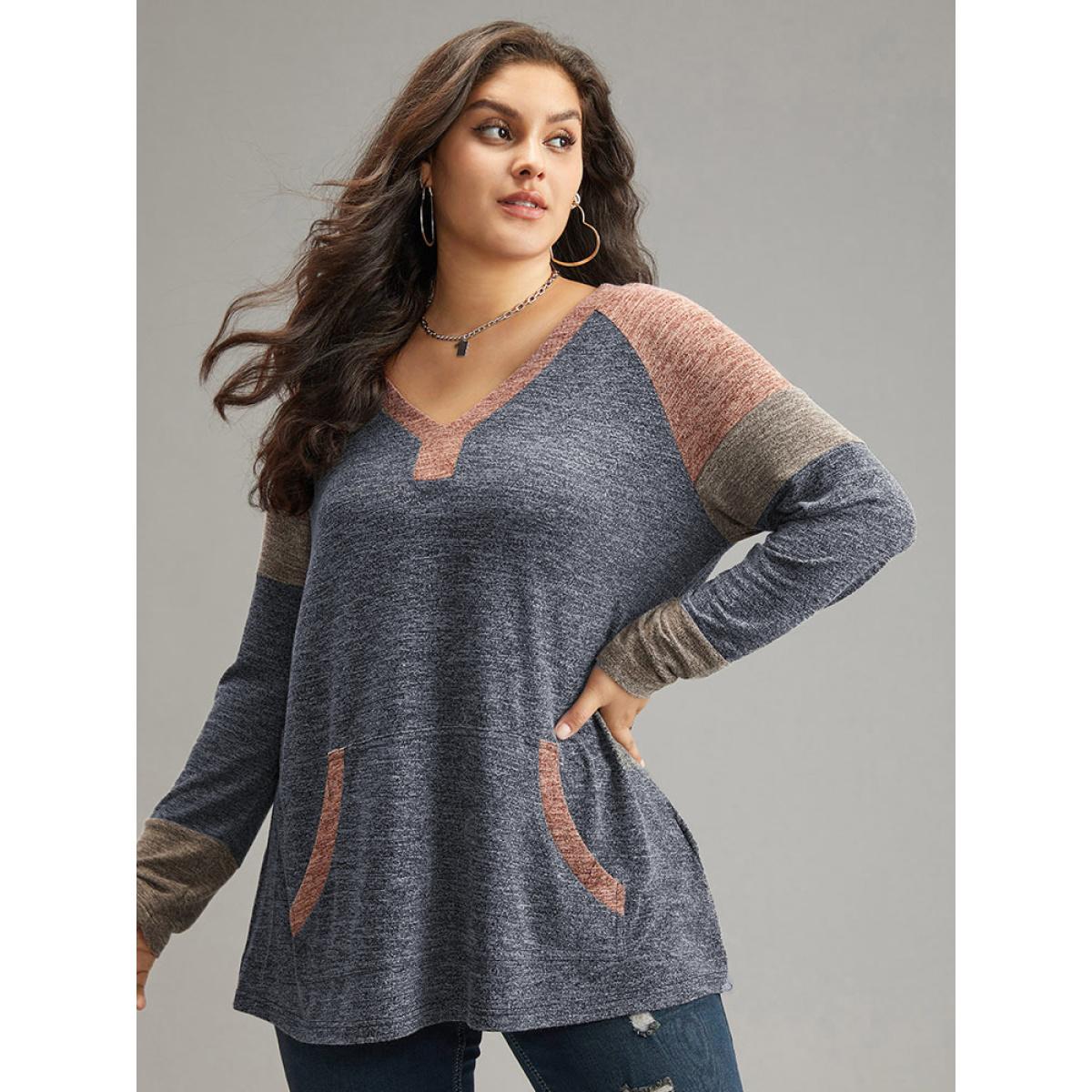 Plus Size Contrast Pocket Raglan Sleeve T-shirt Indigo Women Casual Contrast Plain Dailywear T-shirts BloomChic 18-20/2X Product Image