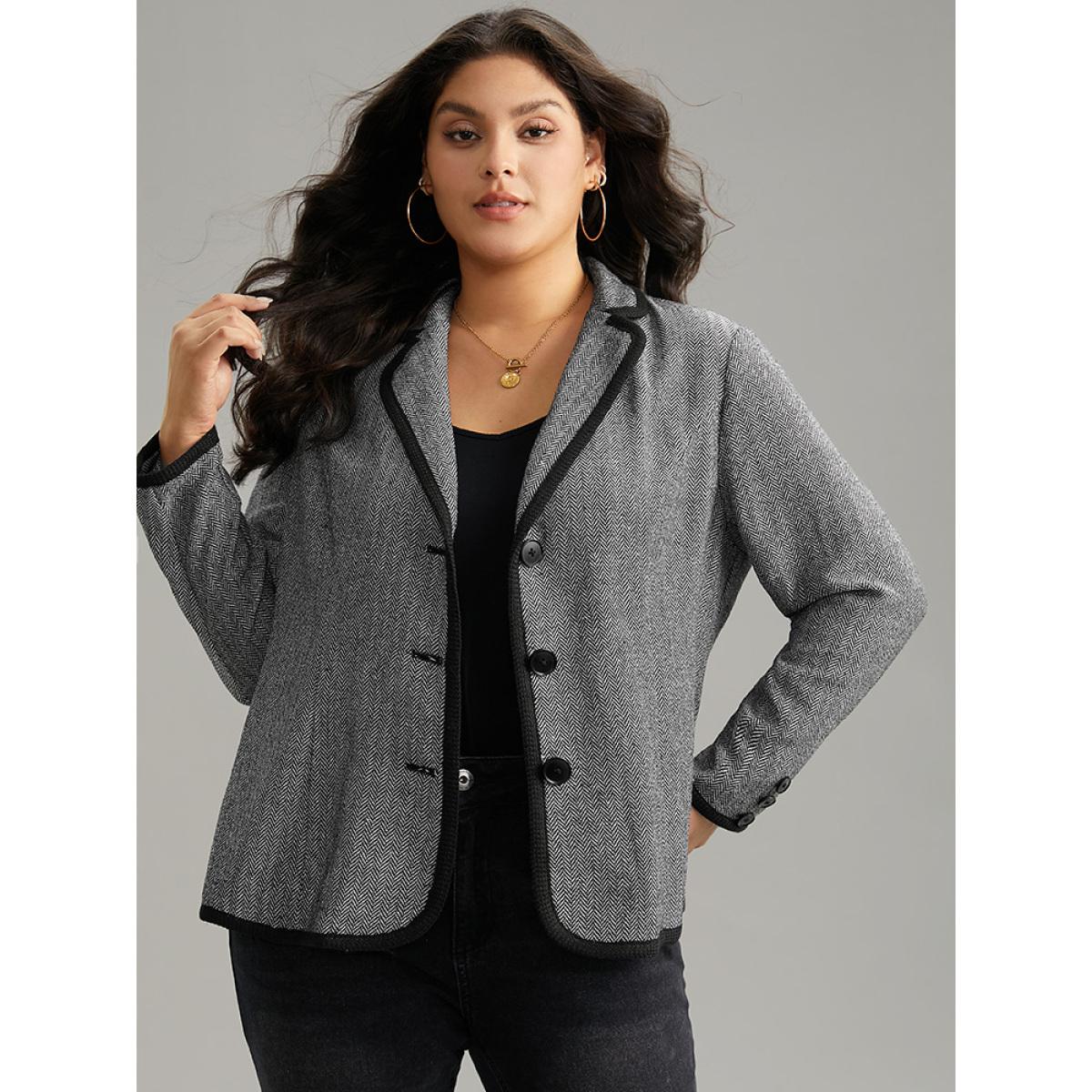 Plus Size Suit Collar Contrast Trim Button Up Blazer DimGray Women Work Plain Texture Sleeve Long Sleeve Suit Collar 14-16/1X At the Office Blazers BloomChic Product Image