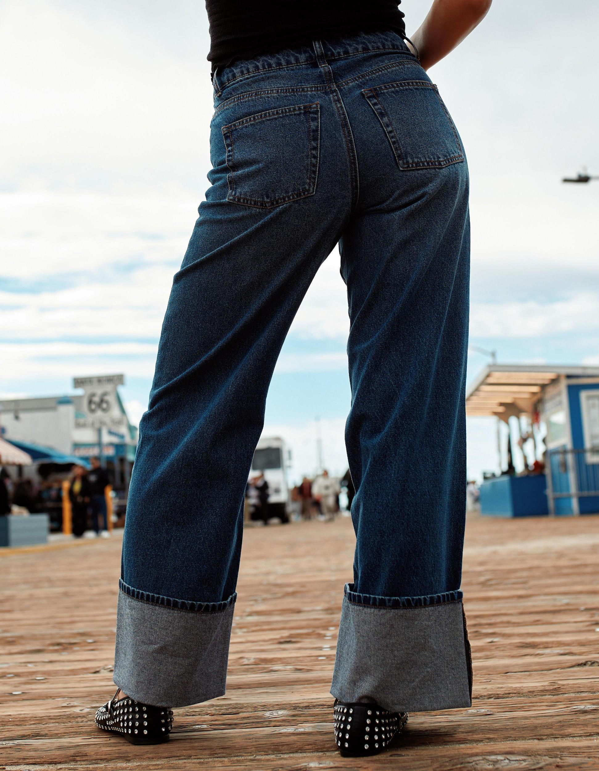 RSQ Womens Mid Rise Wide Leg Cuffed Jeans - Dark Wash Product Image