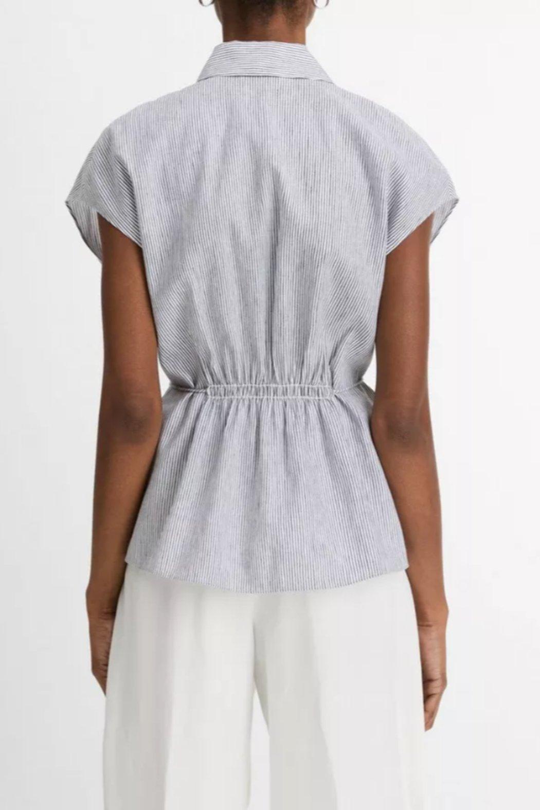 Ticking Stripe Cotton-Linen Cap Sleeve Blouse Product Image