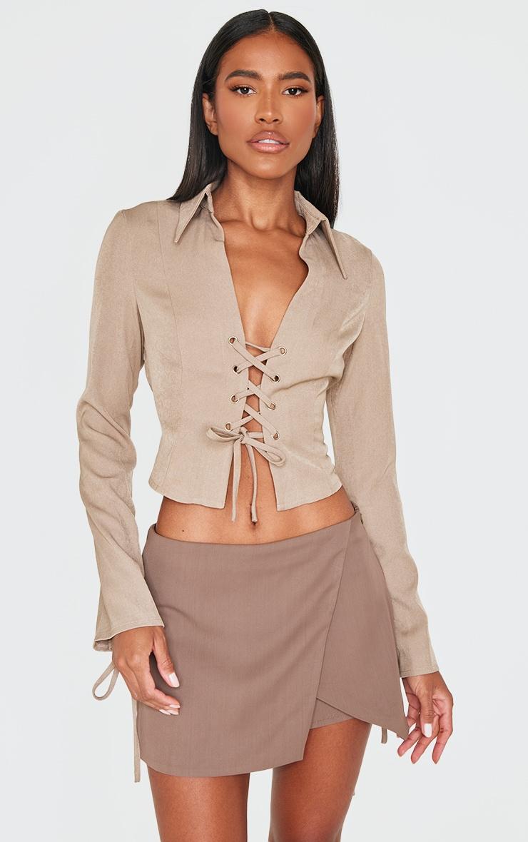 Mocha Premium Woven Tie Front Shirt Product Image