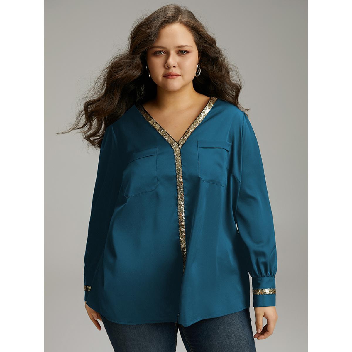 Plus Size Aegean Sequin Patchwork V Neck Blouse Women Glamour Long Sleeve V-neck Party Blouses BloomChic 18-20/2X Product Image