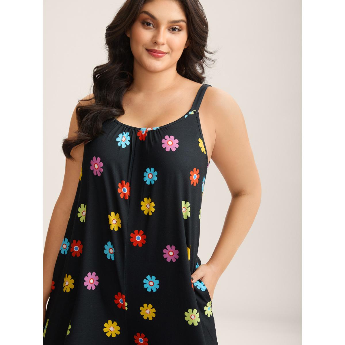 Plus Size Black Colorful Polka Dots Straight-Leg Jumpsuit Women Sleeveless Round Neck Everyday-Casual Loose Jumpsuits BloomChic 12/L Product Image