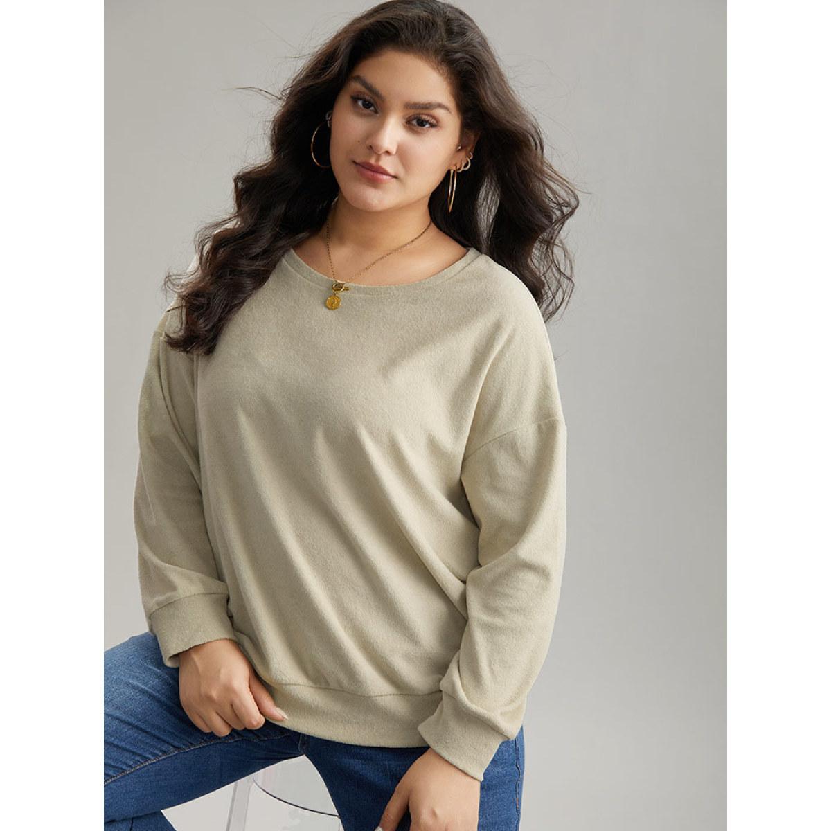 Plus Size Heather Plisse Elastic Hem Sweatshirt Women Beige Casual Texture Round Neck Dailywear Sweatshirts BloomChic 10/M Product Image