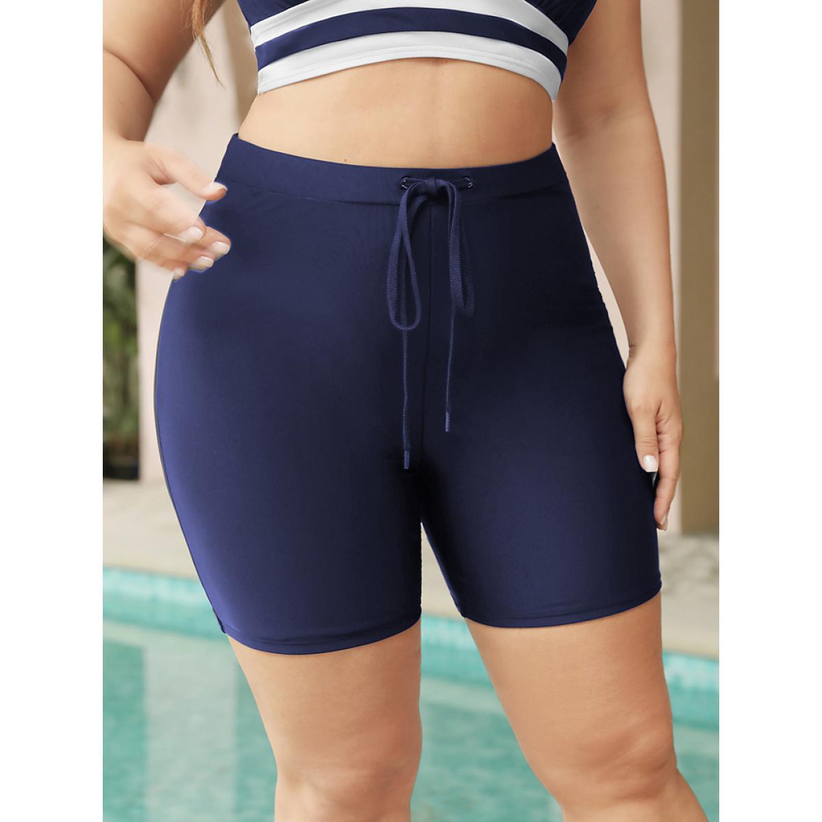 Plus Size High Waist Ties Front Swim Shorts Women's Swimwear Indigo Vacation Plain High stretch Skinny High Rise Curve Swim Bottoms BloomChic 10/M Product Image