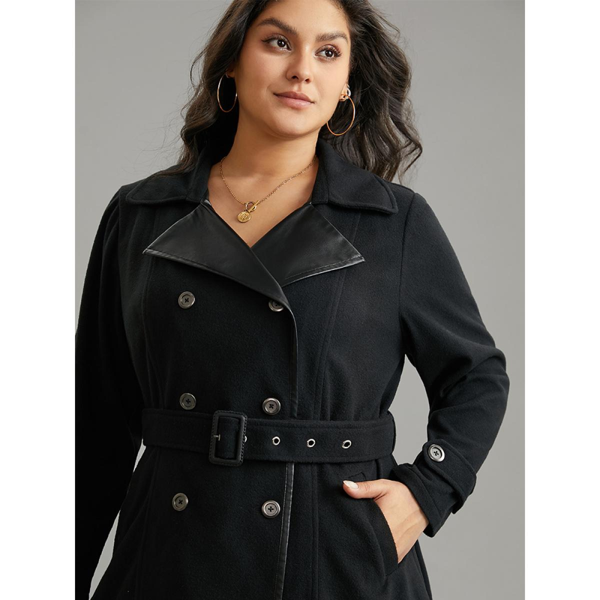 Plus Size PU Leather Patchwork Lapel Collar Double Breasted Belted Coat Women Black Casual Belted Ladies Dailywear Winter Coats BloomChic 12/L Product Image