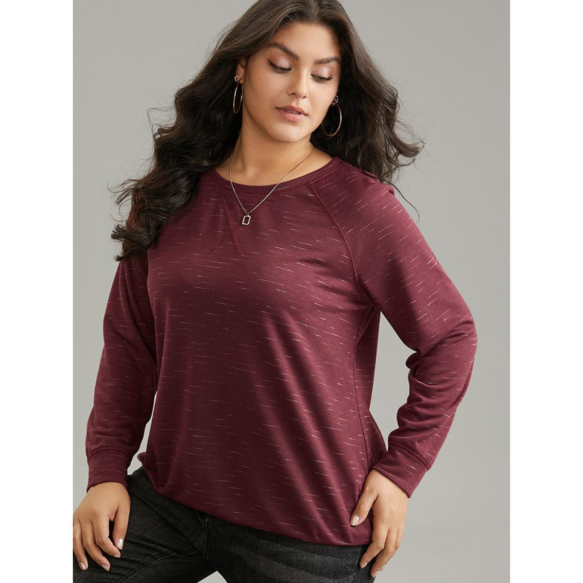 Plus Size Plain Stitch Raglan Sleeve Round Neck Sweatshirt Women Burgundy Casual Plain Round Neck Everyday Sweatshirts BloomChic 30/6X Product Image