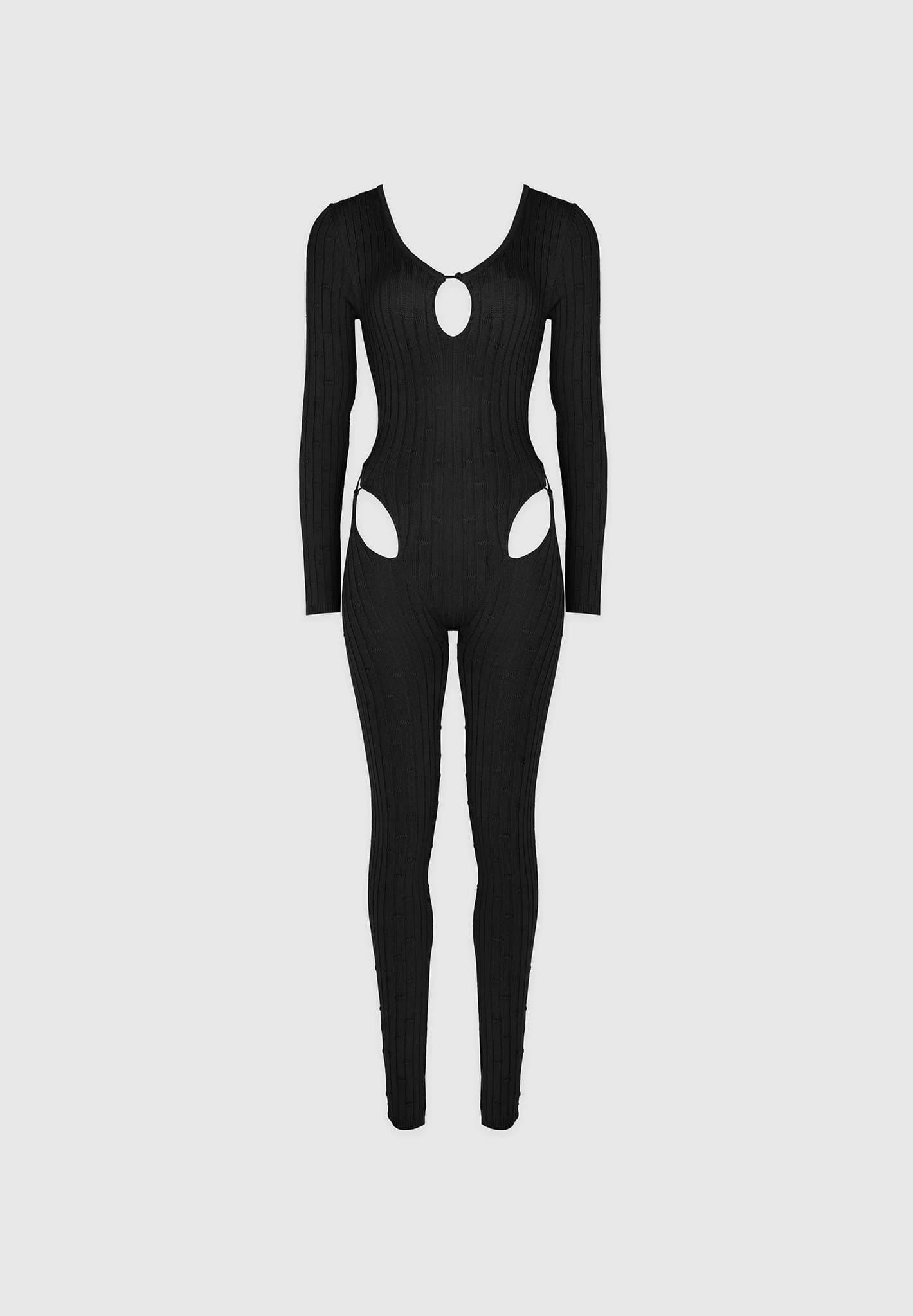 Distressed Knitted Cut Out Jumpsuit - Black Female Product Image