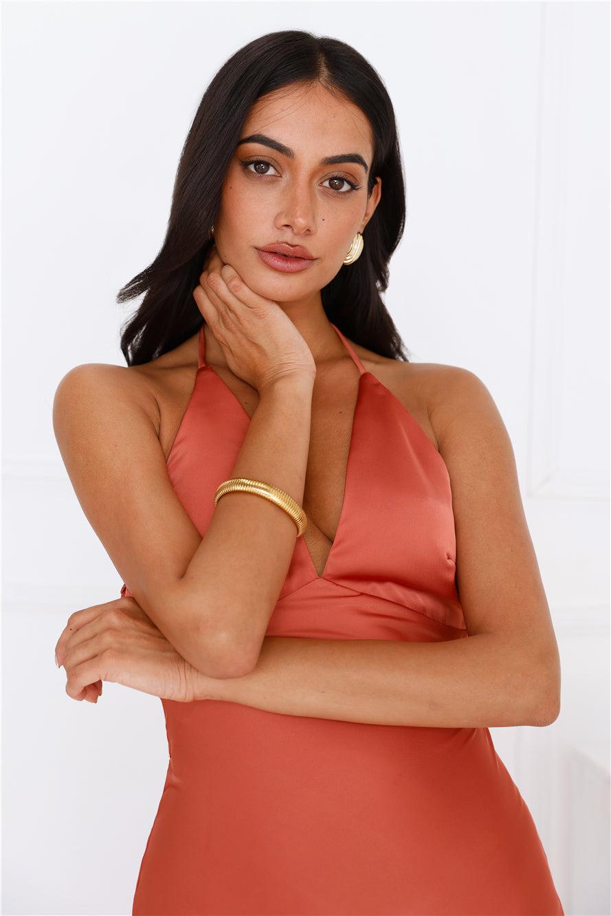 She Is Sublime Halter Satin Maxi Dress Brick Product Image