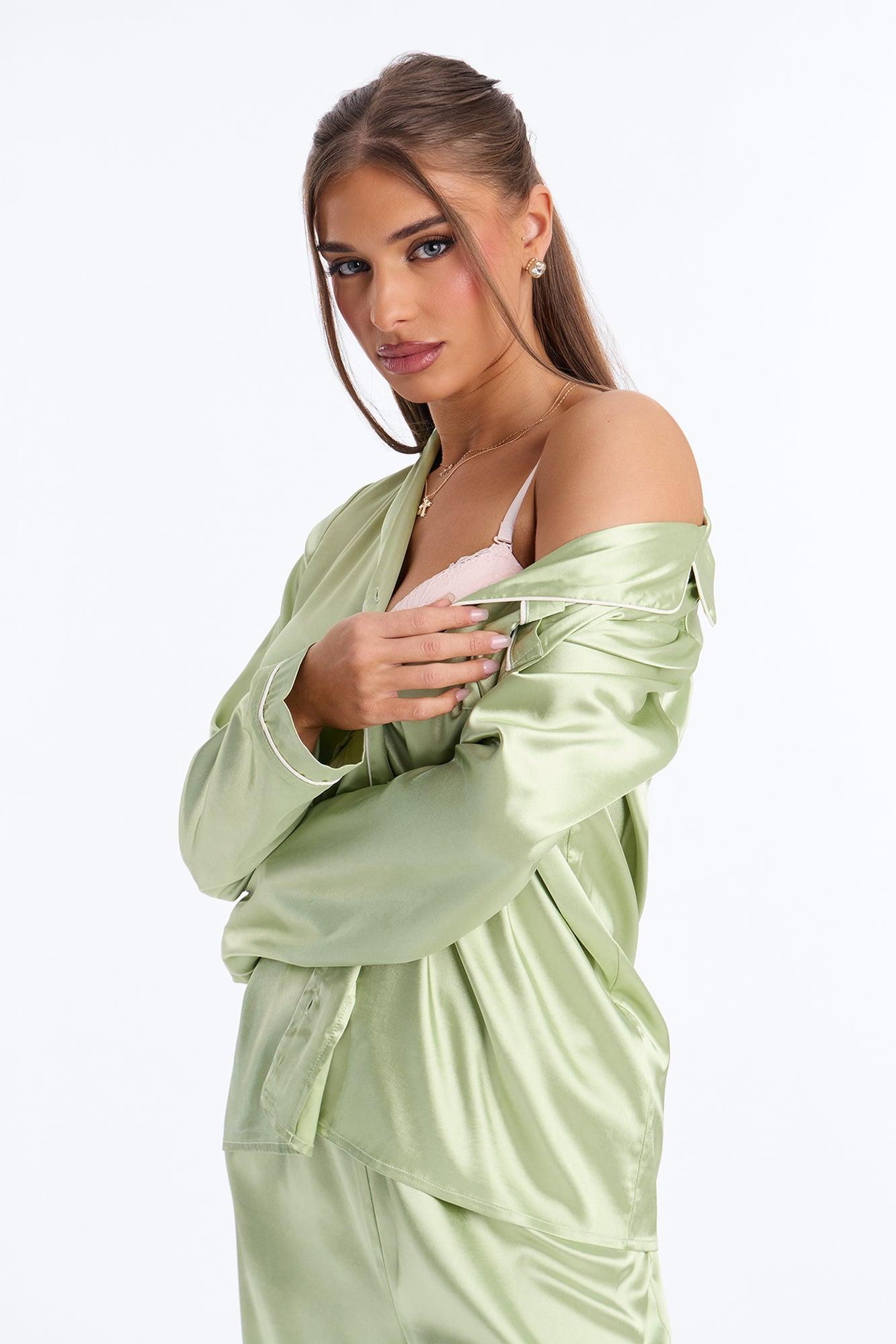 Bedtime Stretch Satin Long Sleeve PJ Pant Set - Sage Female Product Image