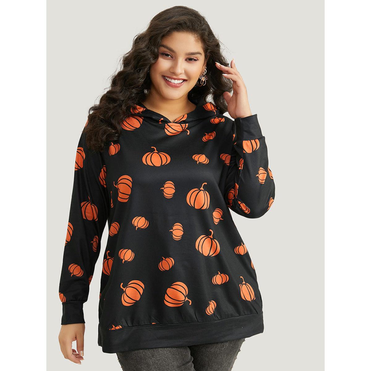 Plus Size Pumpkin Print Hooded Sweatshirt Women Black Casual Elastic cuffs Hooded Festival-Halloween Sweatshirts BloomChic 10/M Product Image
