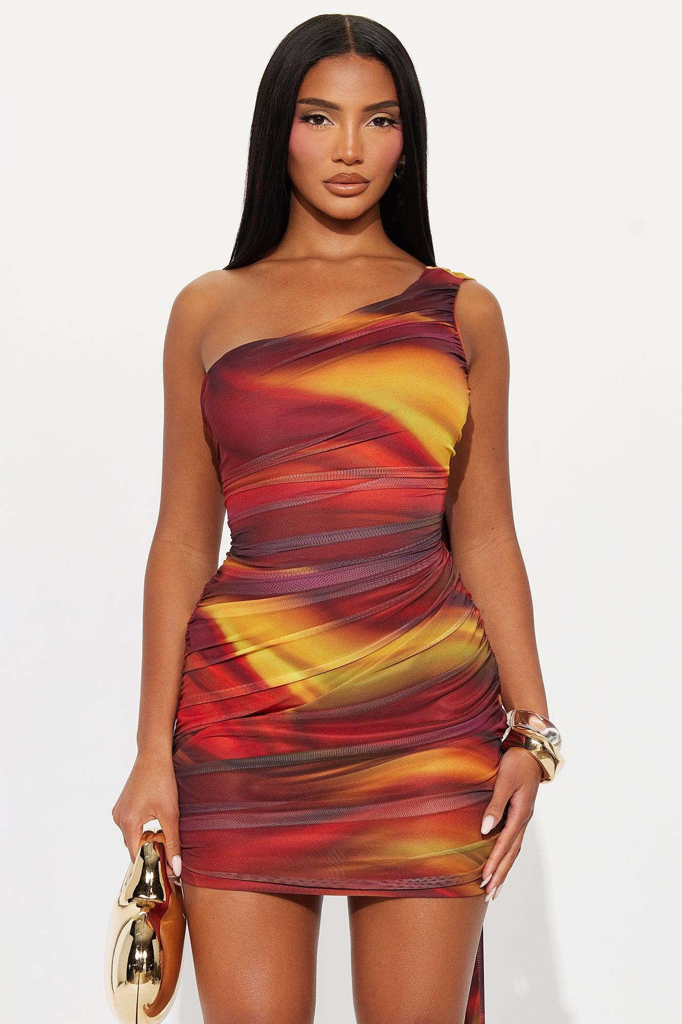 Mila Mesh Draped Mini Dress - Orange/combo Female Product Image