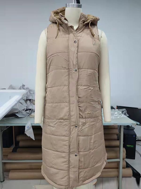 Hooded Sleeveless Buttoned Drawstring Keep Warm Solid Color Split-Joint Zipper Padded Coat Vest Outerwear Product Image