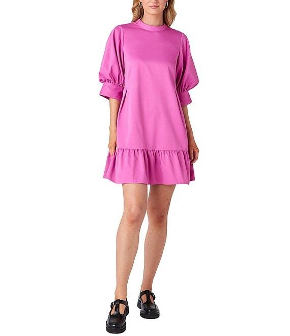 CROSBY by Mollie Burch Brixton Taffeta Mock Neck Short Balloon Sleeve Side Pocket Ruffle Shift Above the Knee Dress Product Image