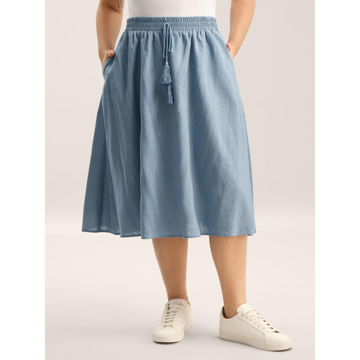 Plus Size Waist-Tie Tassel Plain Maxi Skirt Women Stone Loose No stretch Side seam pocket Everyday-Casual Skirts BloomChic 14-16/1X Product Image
