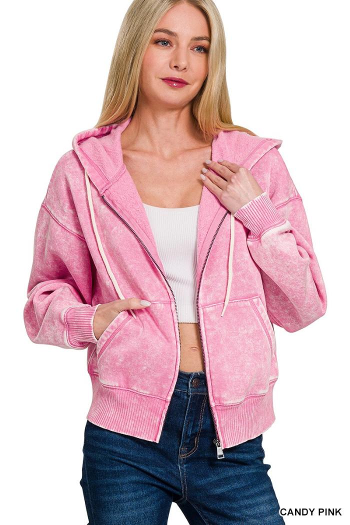 Acid wash fleece cropped zip-up hoodie w pockets Product Image