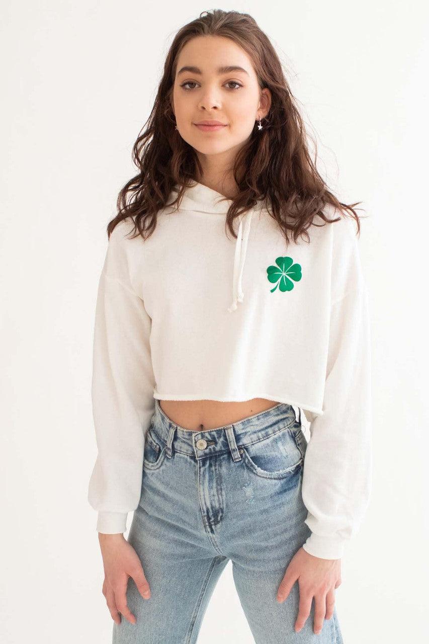 White Shamrock Cropped Hoodie Product Image