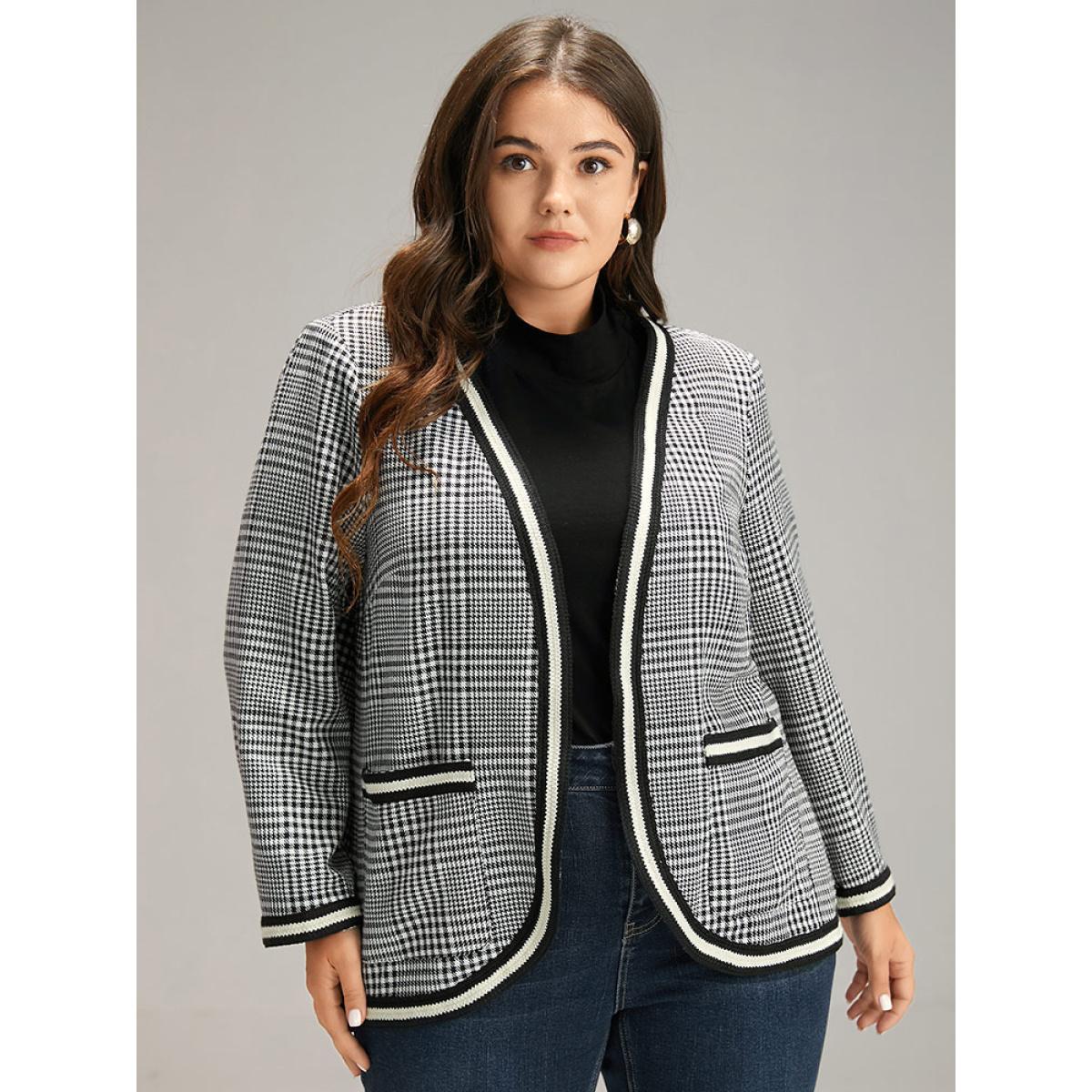 Plus Size Gingham Contrast Webbing Pocket Blazer Women Black Elegant Contrast Ladies Dailywear Winter Coats BloomChic 22-24/3X Product Image