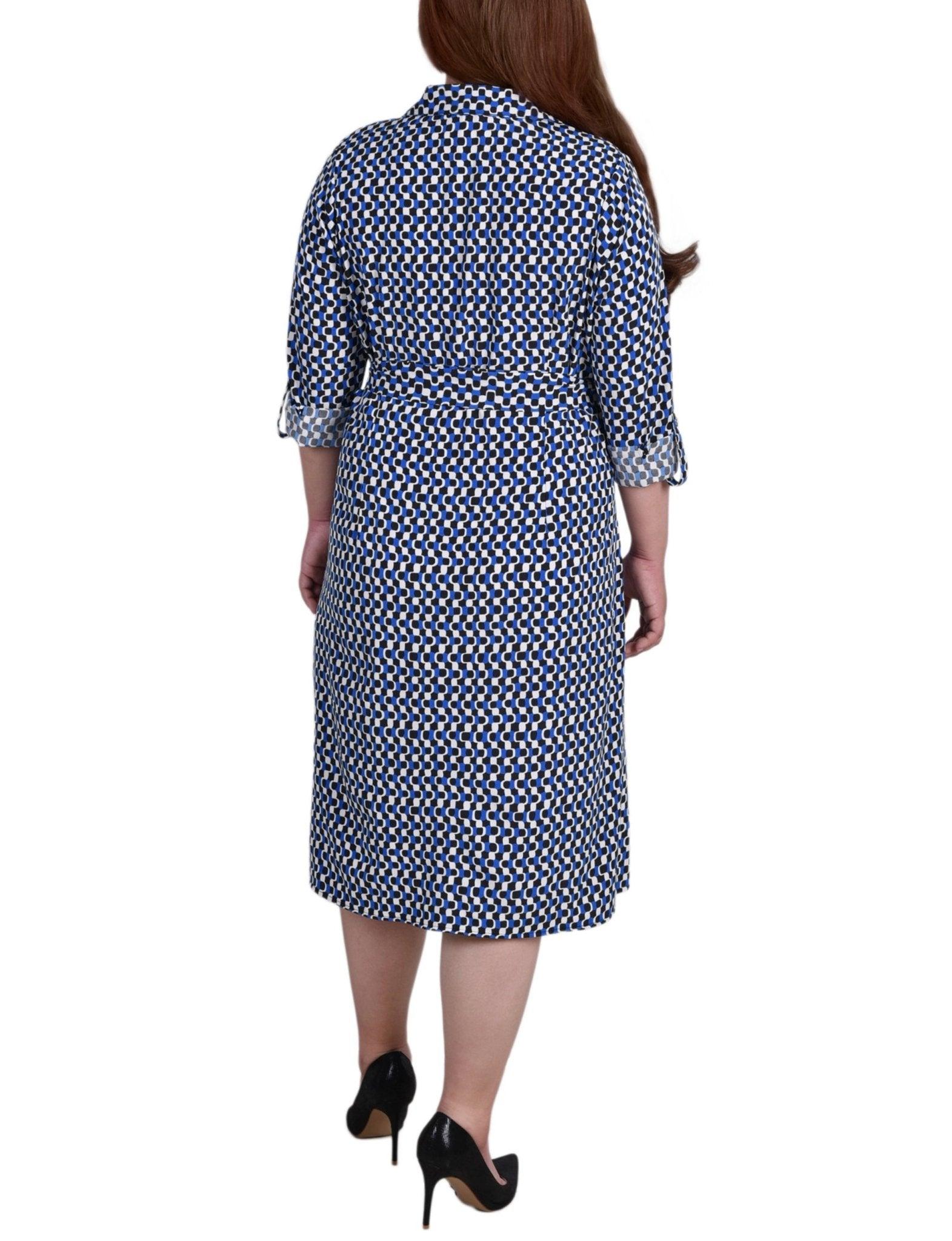 Blue Black White Geo 3/4 Roll Tab Sleeve Belted Shirtdress - Plus Product Image