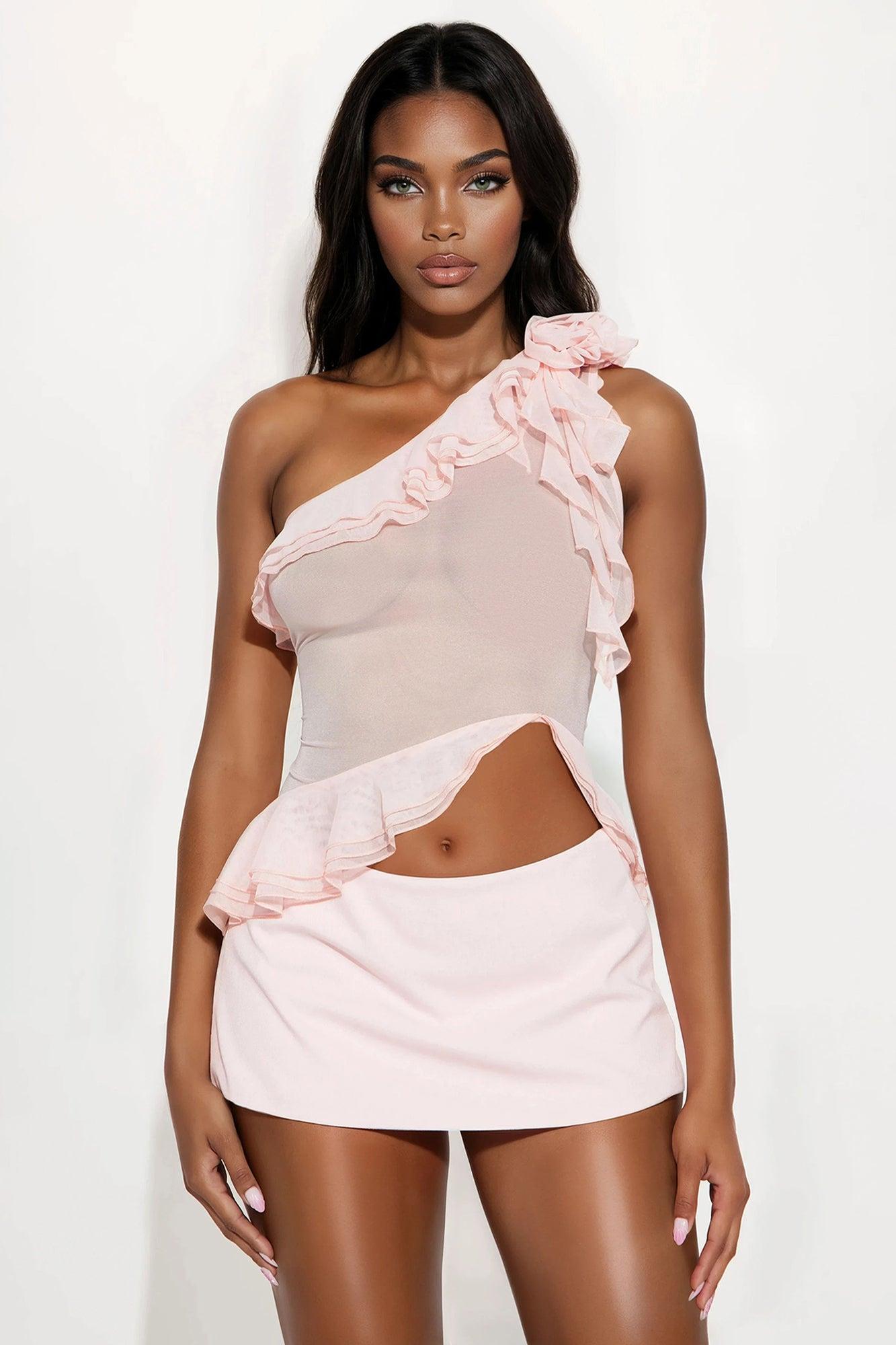 Latest Inspiration Mesh One Shoulder Ruffle Top - Pink Female Product Image