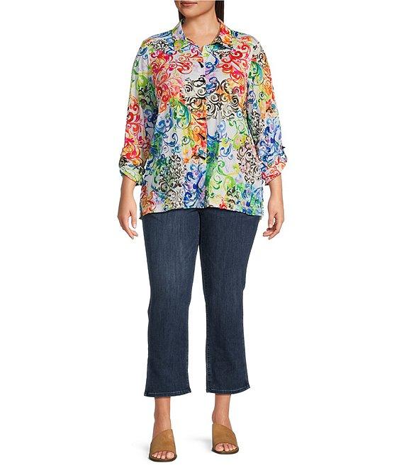 Ali Miles Plus Size Woven Abstract Multi Print Point Collar 3/4 Roll-Tab Sleeve Button-Front Tunic Product Image