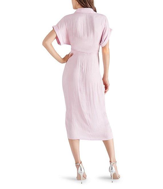 Steve Madden Tori Satin Point Collar Short Kimono Cuff Sleeve Belted Ruched Front Asymmetrical Hem Midi Shirt Dress Product Image