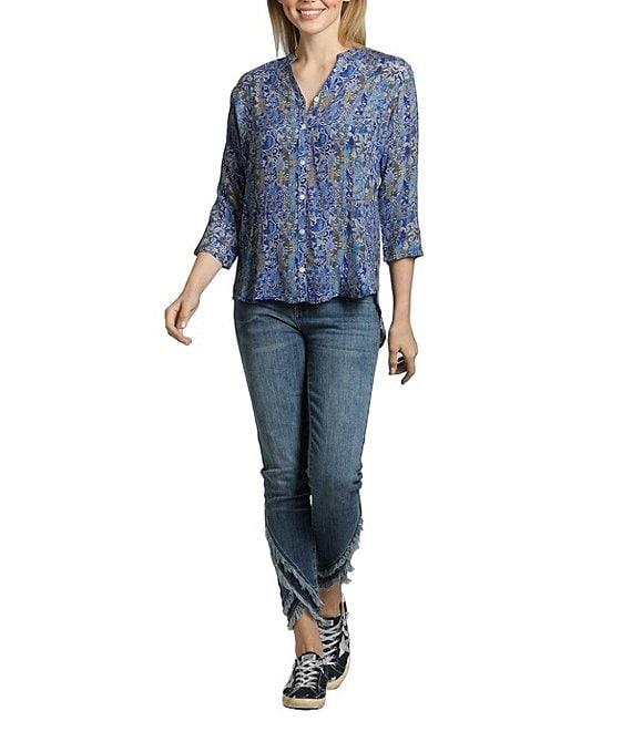 APNY Paisley Mandarin Collar 3/4 Sleeve Button Front Top Product Image