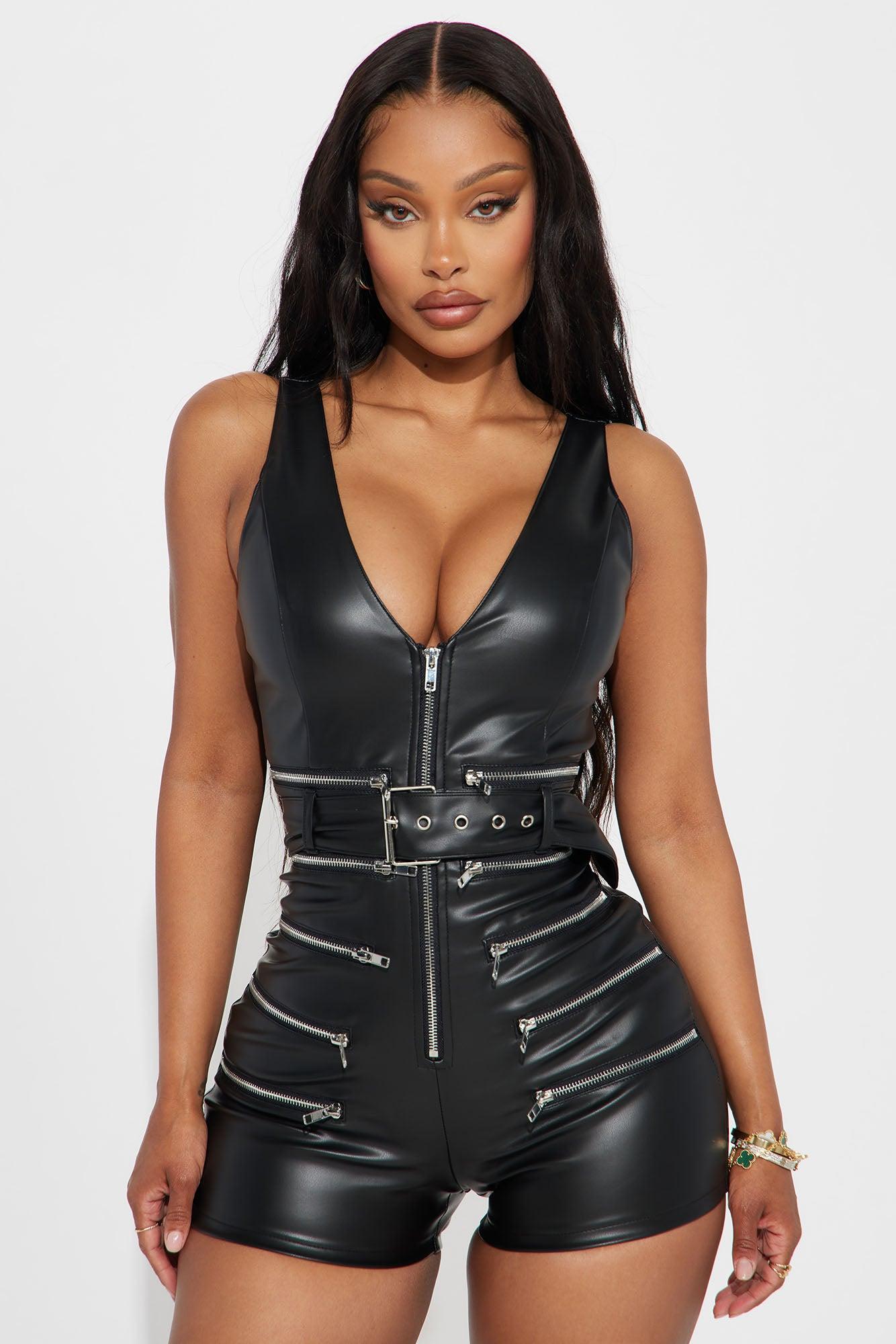 Alix Faux Leather Romper - Black Product Image