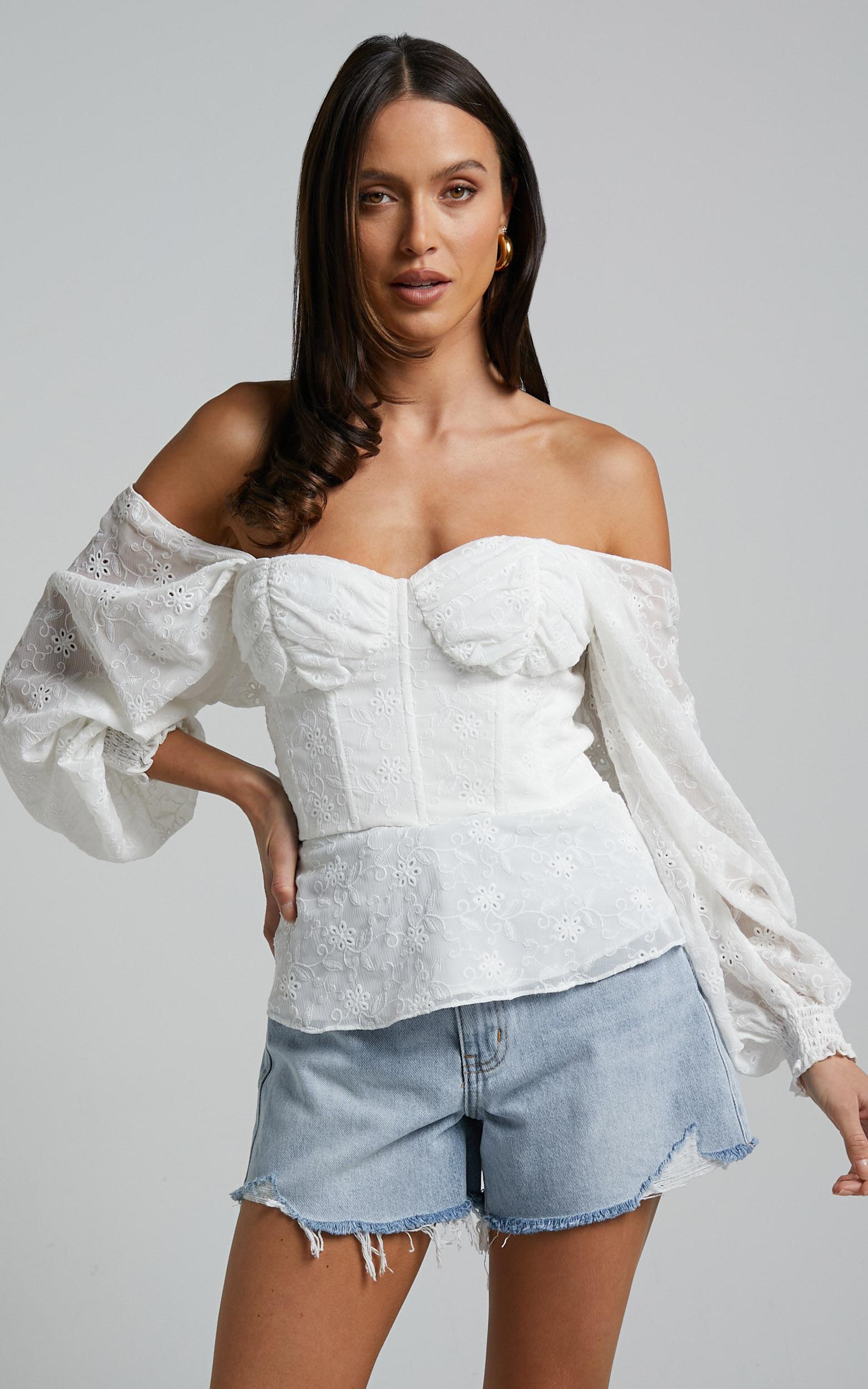 Ybur Top - Off Shoulder Long Sleeve Bustier Top in Ivory Product Image