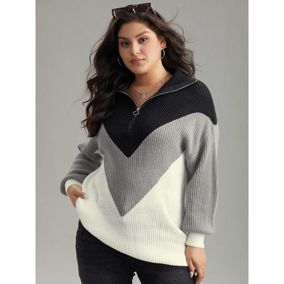 Plus Size Colorblock Patchwork Zipper Lapel Collar Pullover Multicolor Women Casual Long Sleeve Lapel Collar Everyday Pullovers BloomChic 30/6X Product Image