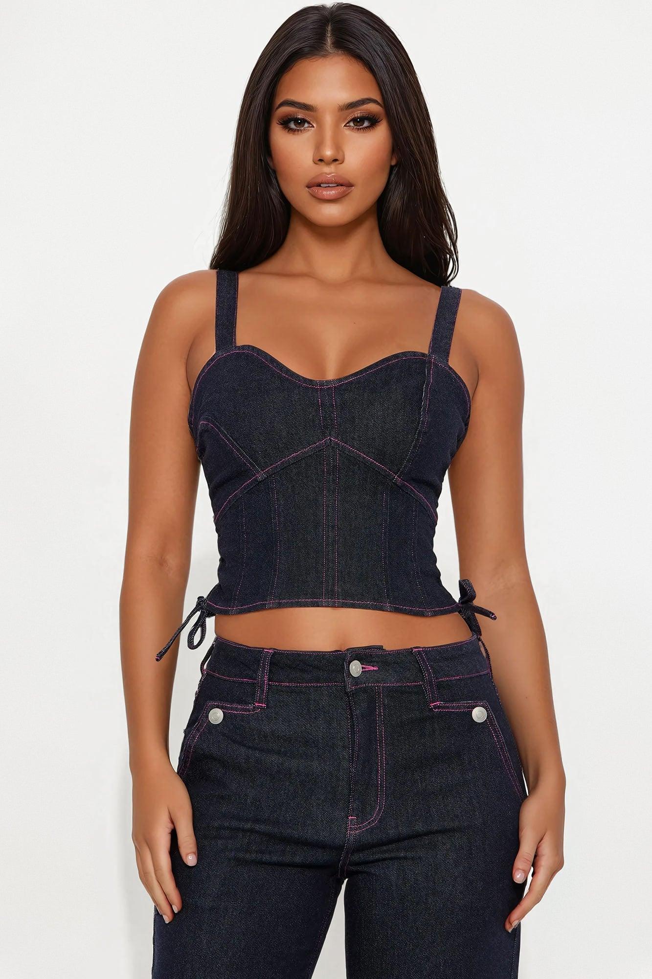 On Duty Denim Wide Leg Pant Sets - Dark Wash Female Product Image