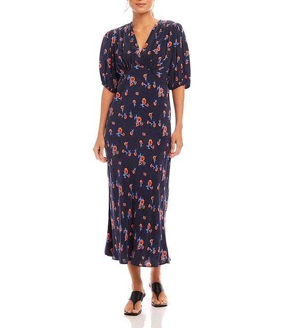 Karen Kane Carnation Print V-Neck Short Puff Sleeve A-Line Midi Dress Product Image