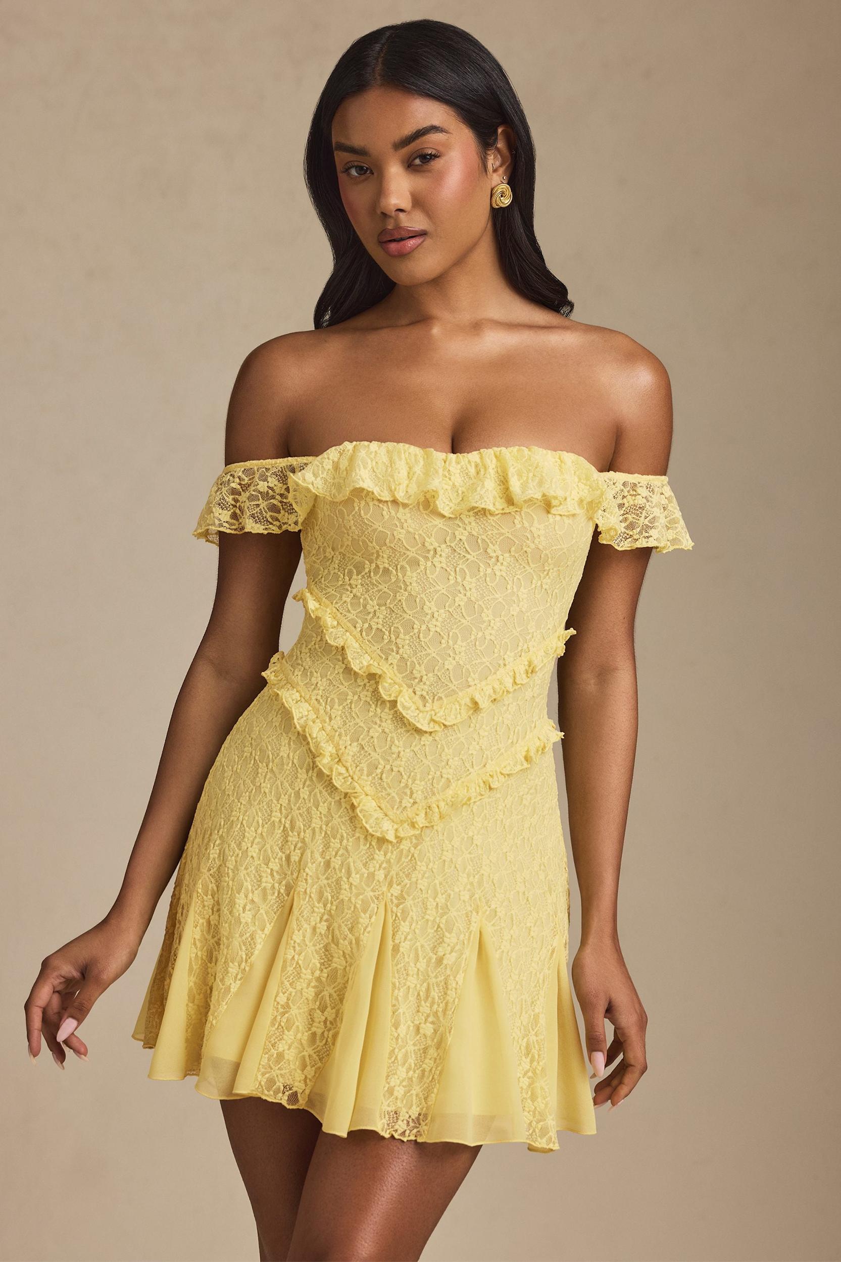 Off-Shoulder Lace A-Line Mini Dress in Pastel Yellow Product Image