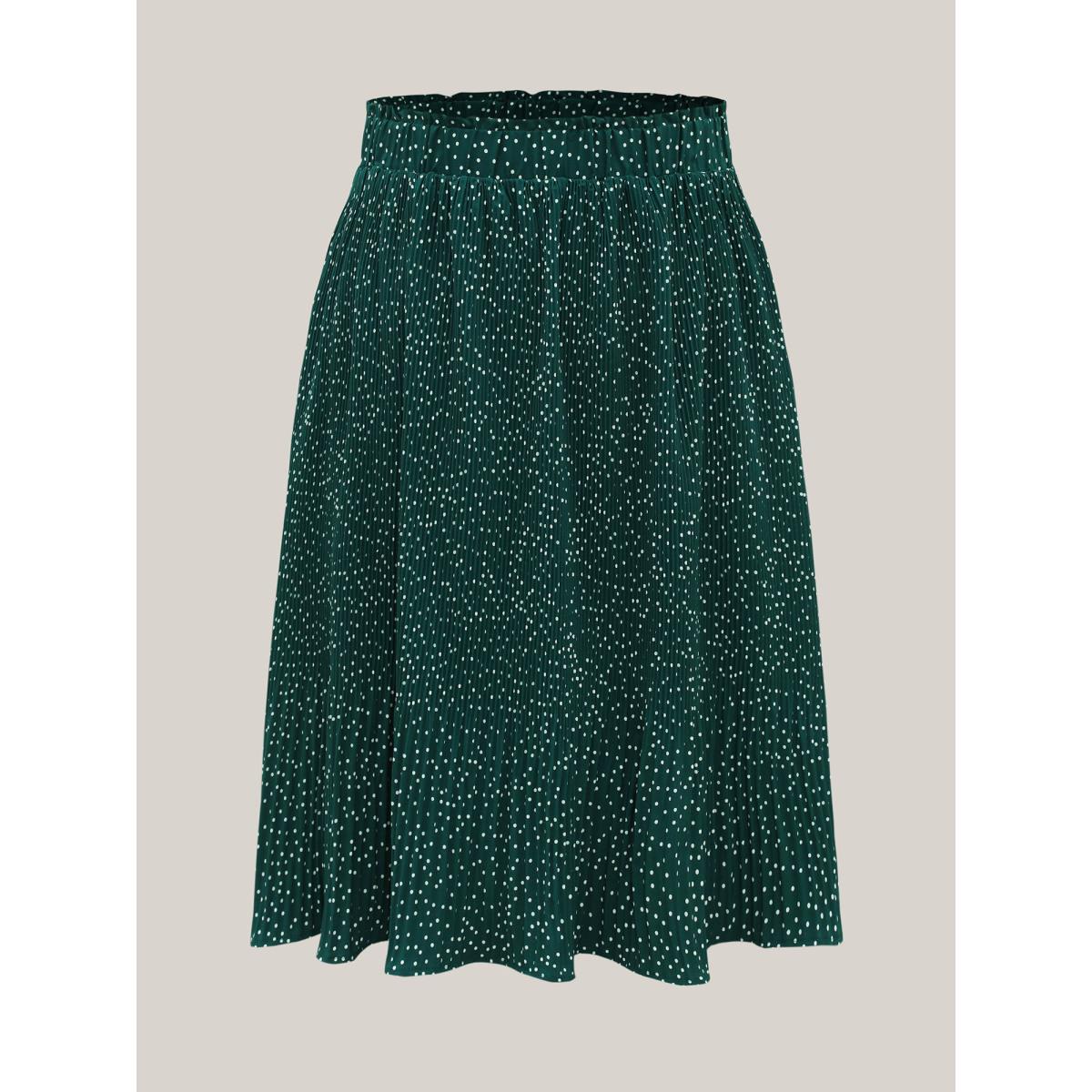 Plus Size Fine Dots Print Smocked Waist Midi Skirt Women DarkGreen Elegant Pleated Bodycon Low stretch Side seam pocket Everyday-Elegant Skirts BloomChic 10/M Product Image