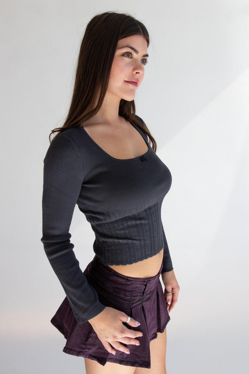 Pointelle Long Sleeve Top With Bow Product Image