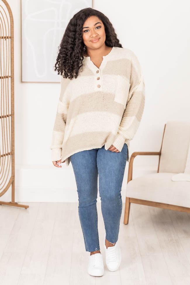 Know You Best Beige Oversized Striped Henley Sweater Product Image