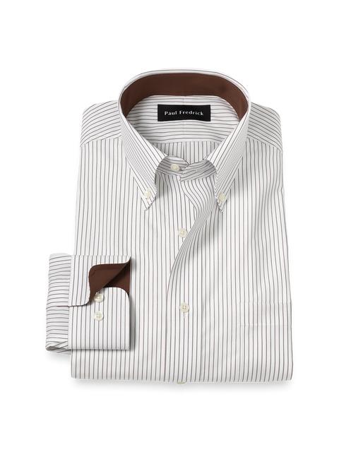Non-Iron Cotton Stripe Dress Shirt With Contrast Trim - Brown Product Image