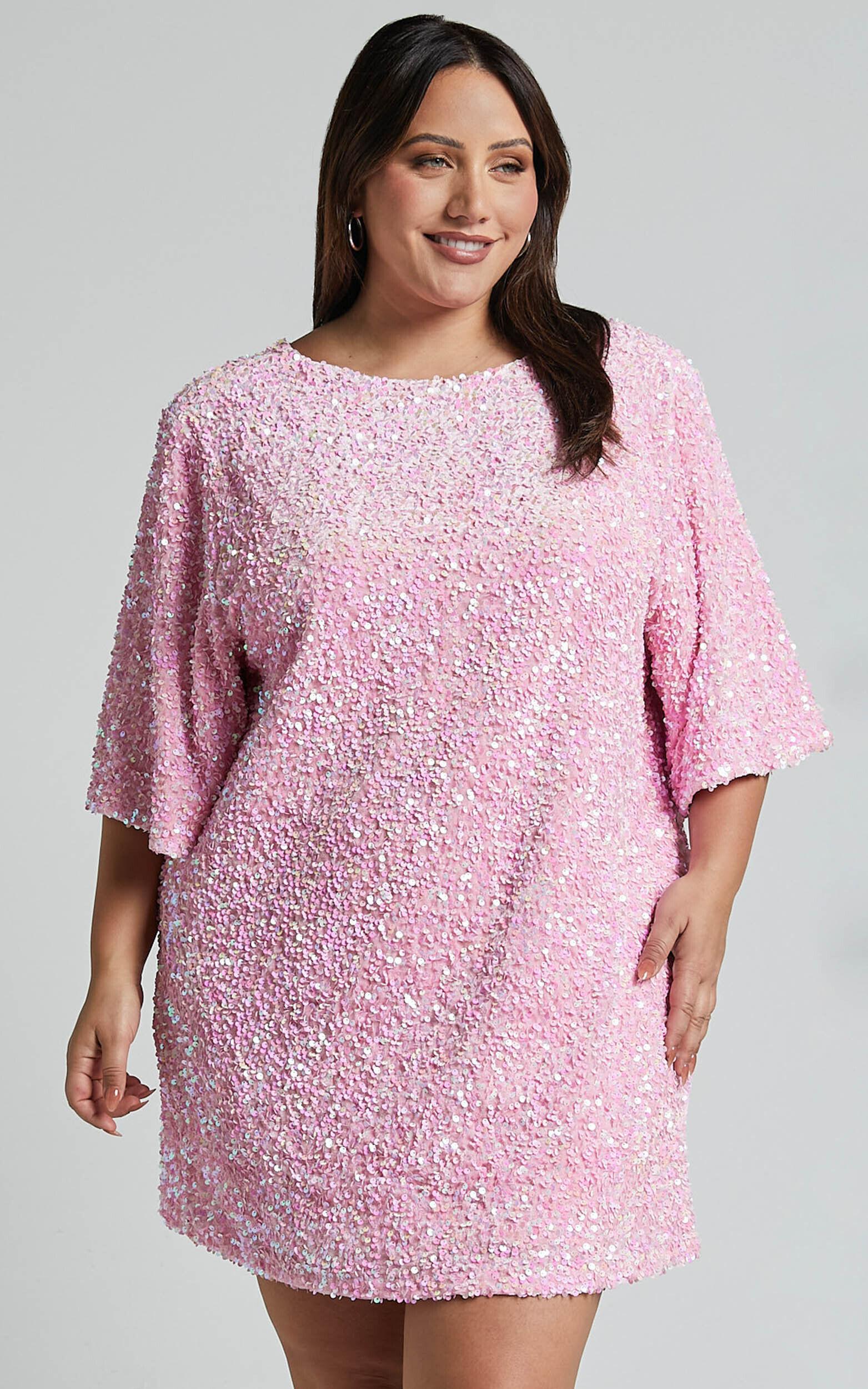 Valetta Mini Dress - Sequin low back shift dress in Pink Sequin Product Image