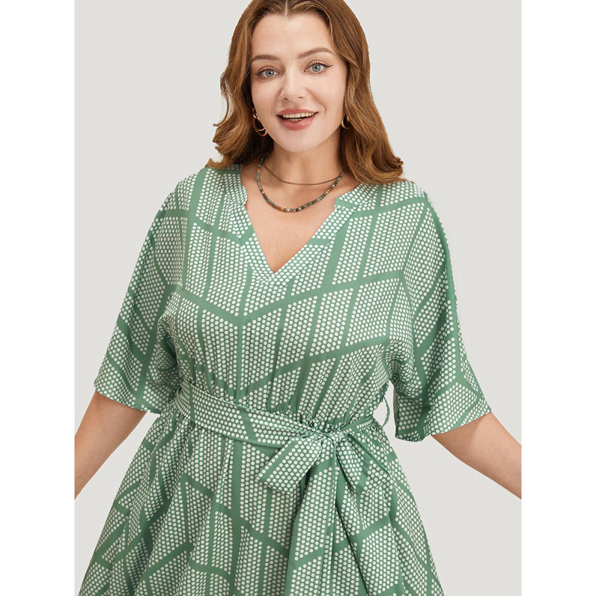 Plus Size Geometric Print Dolman Sleeve Pocket Belted Ruffles Dress Mint Women Office Cross straps V-neck Short sleeve Curvy Midi Dress BloomChic 28/5X Product Image
