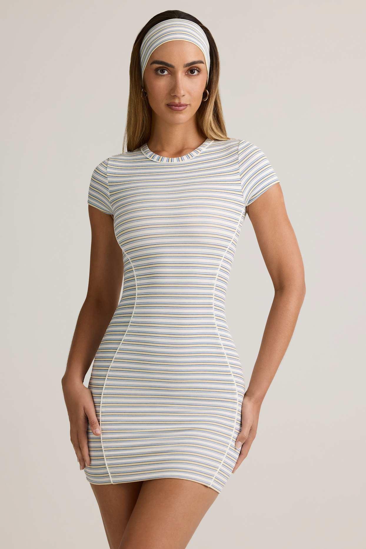 Modal Short-Sleeve Bodycon Mini Dress in Blue Yellow Stripe Product Image