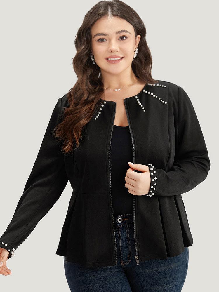 Pearl Beaded Zipper Plicated Detail Coat Female Product Image