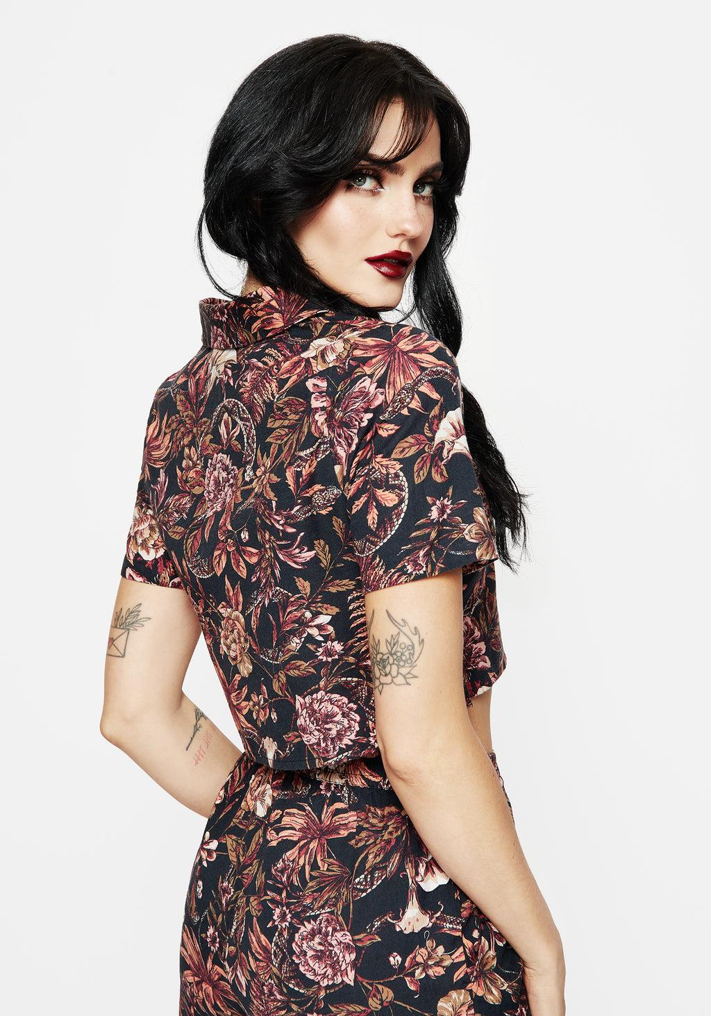 Bashe Cotton Floral Snake Print Short Sleeve Shirt Product Image