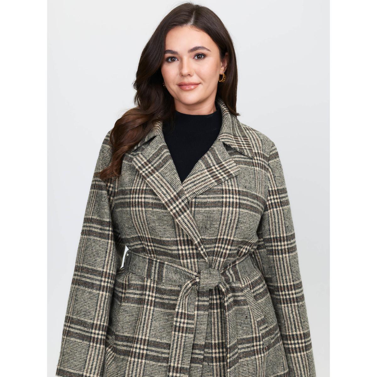 Plus Size Plaid Belted Waist-Defining Coat Women Yellowishbrown Retro Ladies Elegant Winter Coats BloomChic 22-24/3X Product Image