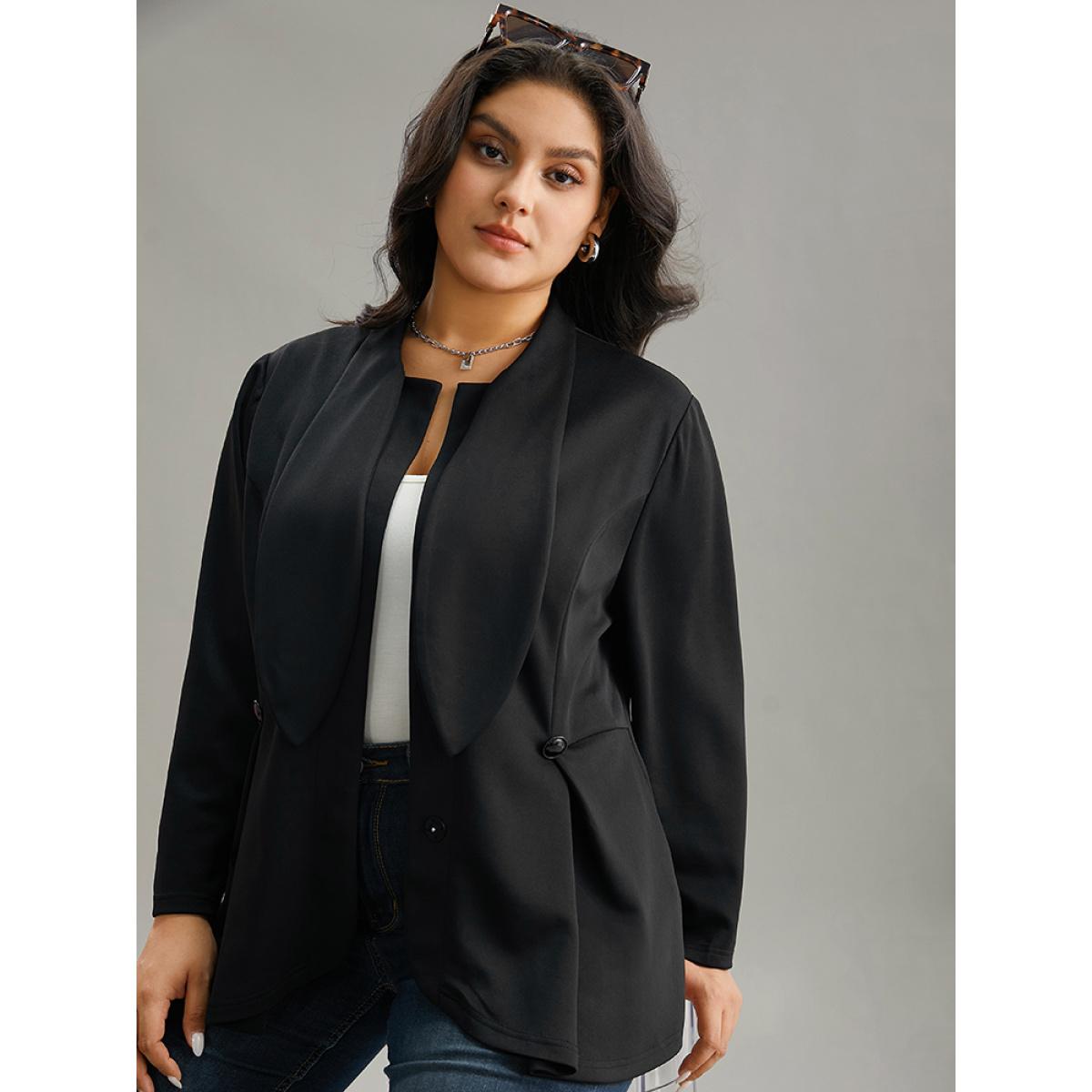 Plus Size Plain Button Detail Asymmetrical Ties Blazer Black Women Dailywear Plain Plain Sleeve Long Sleeve Asymmetrical Neck 18-20/2X Elegant Blazers BloomChic Product Image