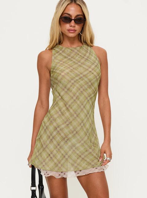 Buffie Shoulder Mini Dress Green Check Product Image