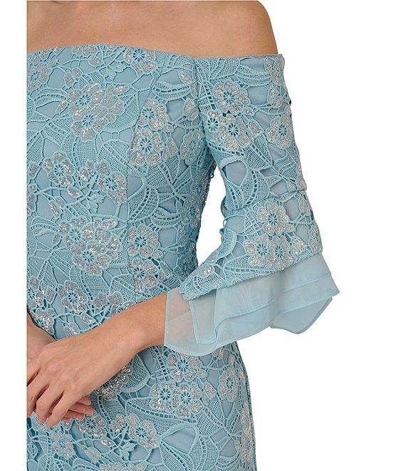 Adrianna Papell Sequin Lace Off-The-Shoulder Neck 3/4 Flutter Sleeve Column Gown Product Image