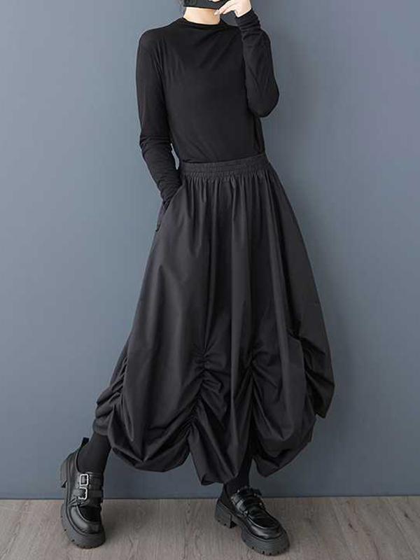 Loose Wide Leg Elasticity Pleated Pockets Solid Color Culotte Ninth Pants Product Image