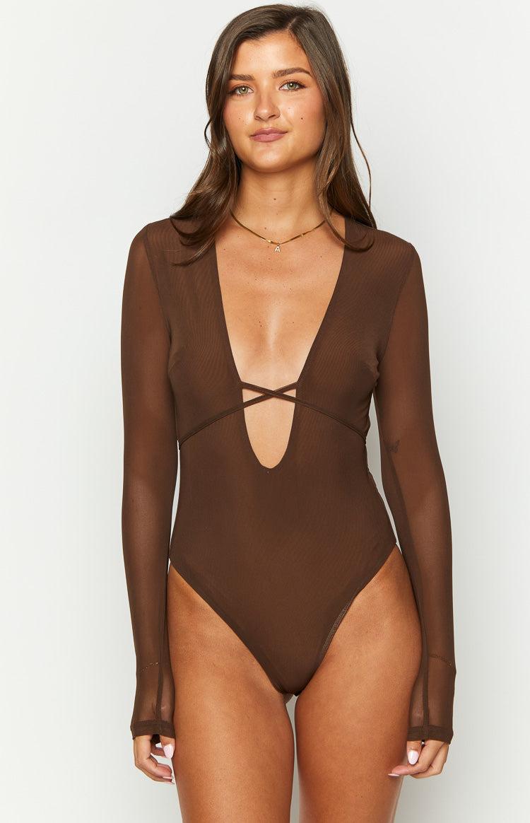 Whimsi Brown Mesh Long Sleeve Bodysuit Product Image